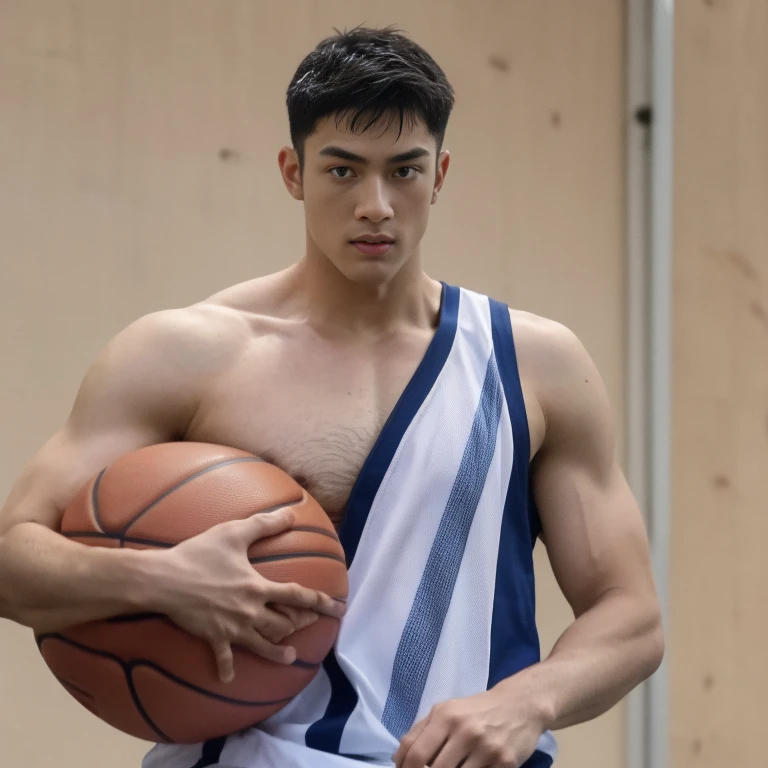 A man stands on the grass, Muscular!!, a Muscular, 8k 50mm ISO 10, 🚿🗝📝, Okan , wearing volleyball jersey, k hd, advertisement picture, professional sports style, Wearing NBA jersey, Muscular!, , Muscular!!!188cm!Single Eyelids!((35yo !)) with short brown hair ! Only string thong!(Show hairy chest muscles), ), (Use a short beard,) headspace!Charming and serious look, ((Stand on the basketball court)), Muscular!, Close shave and secure fit, (High quality, photorealistic image),! ((quality, 8K, tmasterpiece), super k hd photos, (Details on the face, skin textures, Ultra-detailed body:1.1)High body hair!A high resolution, tmasterpiece, muscular、Short hair details、NSFW、Spacious size、Correct limb sculpting fingers)The skin is really dark!The skin is real!Authentic texture、Camera close to the ground!!Straw sandals background scatter 1.2) training , 16k resolution , ultra-high clarity , hyperrealism, uhd , (bare thighs )