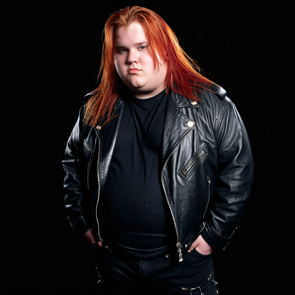 1996 style, overweight twenty year old man, long red hair, leather jacket, rock band style, blank black background, 90s clothing, 1990s