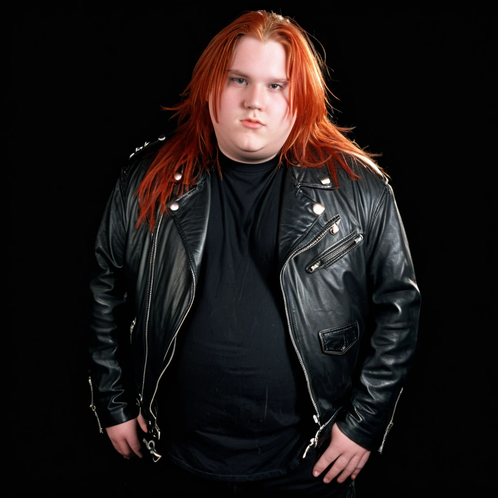 1996 style, overweight twenty year old man, long red hair, leather jacket, rock band style, blank black background, 90s clothing, 1990s