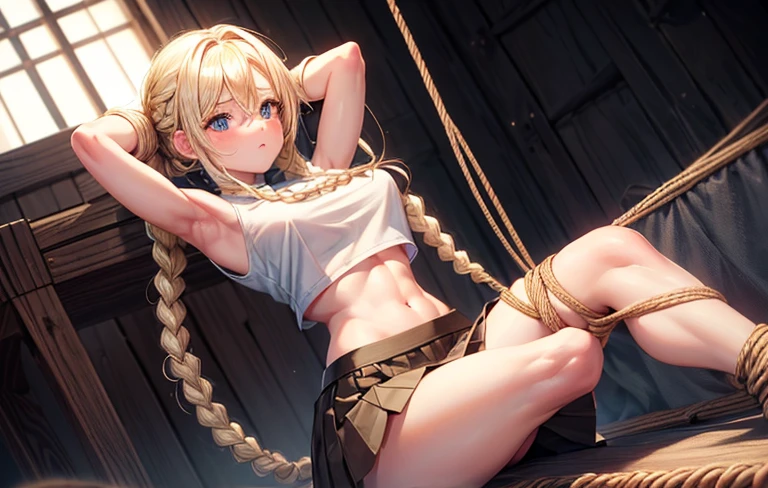 Shiny blond hair, very long hair, sophisticated haircut, ((((hair fully braided)))), ((small twisted braids)), thin and oval face, submissive, ((((tight wool crop top)))), ((((tight skirt)))), cute and blushing 18 years old anime girl, look away because she is embarrassed and blushes, bright blue eyes, detailed face, detailed members, detailed arms, detailed hands, Girl lying, tied by ropes, shackled, can no longer move, tied tightly, very hard tied up with lots of ropes, hampered by so many ropes that she can no longer move, bound hands and feet, ropes tie his whole body, tied extremely tightly and forcefully to her bed by a lot of ropes, its limbs are strongly tied together by ropes, his torso is tied up with thick cords, her chest is so tied up with ropes that it sticks out, her legs are tied tightly with thick ropes, his hands are tied behind his back with ropes, she can no longer move her feet, her hands which are tied by thick ropes, she desperately tries to free herself, likes to be tied tight with big ropes, likes to be immobilized by big ropes, lying down, his hands and feet are strongly tied to the railing of his bed, his legs are pressed together and tied with ropes, its limbs are held vigorously by imposing ropes, her hands are tied securely behind her back by ropes, her chest is compressed by strong ropes, she is pressed against her bed and restrained by large ropes, (shibari, arms behind the back:1.4), (hands on the back), (masterpiece, best quality) 1.5, 1girl, solo, (sexy, beautiful woman, perfect face, perfect eyes, perfect hands), samus aran, (hands on the back), Spread the legs, s' ((lie in bed by big ropes)), ((close up of the girl)), ((((lie in bed)))), ((((arms tied behind the back, Legs Tied,La fille est allongée sur le ventre, La fille est allongée sur le sol:1.5)))), ((((girl seen from behind:1.4)))), ((((girl lying down on her stomach:1.4)))), ((((Outstretched arms:1.5)))), ((((Detailed hands:1.5))))