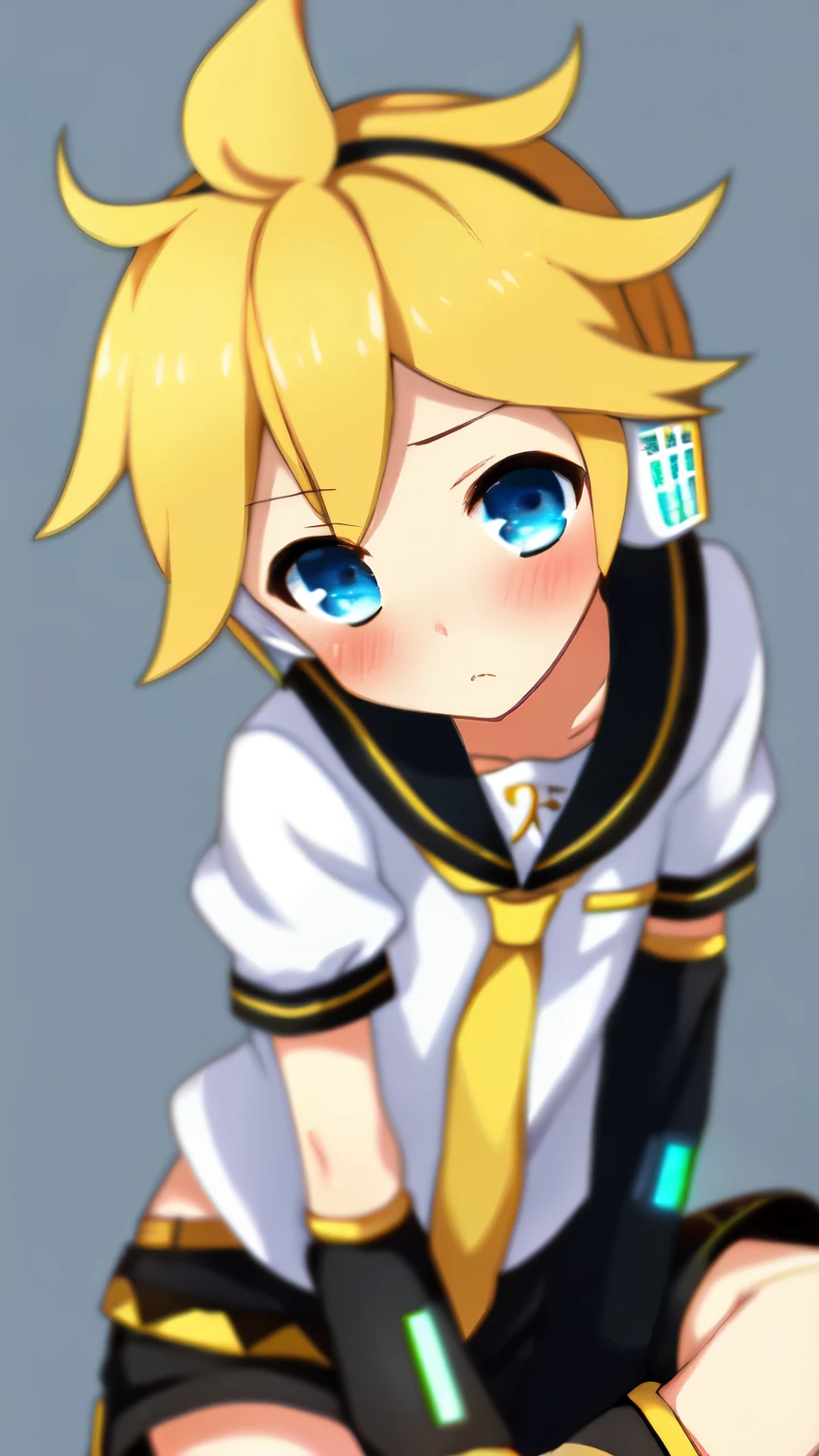Kagamine Len, one boy, blond hair, head set, blue eyes, short hair, short pants, Vocaloid, yellow necktie, cool, look at me, blush, shy, stare at me, close to boy