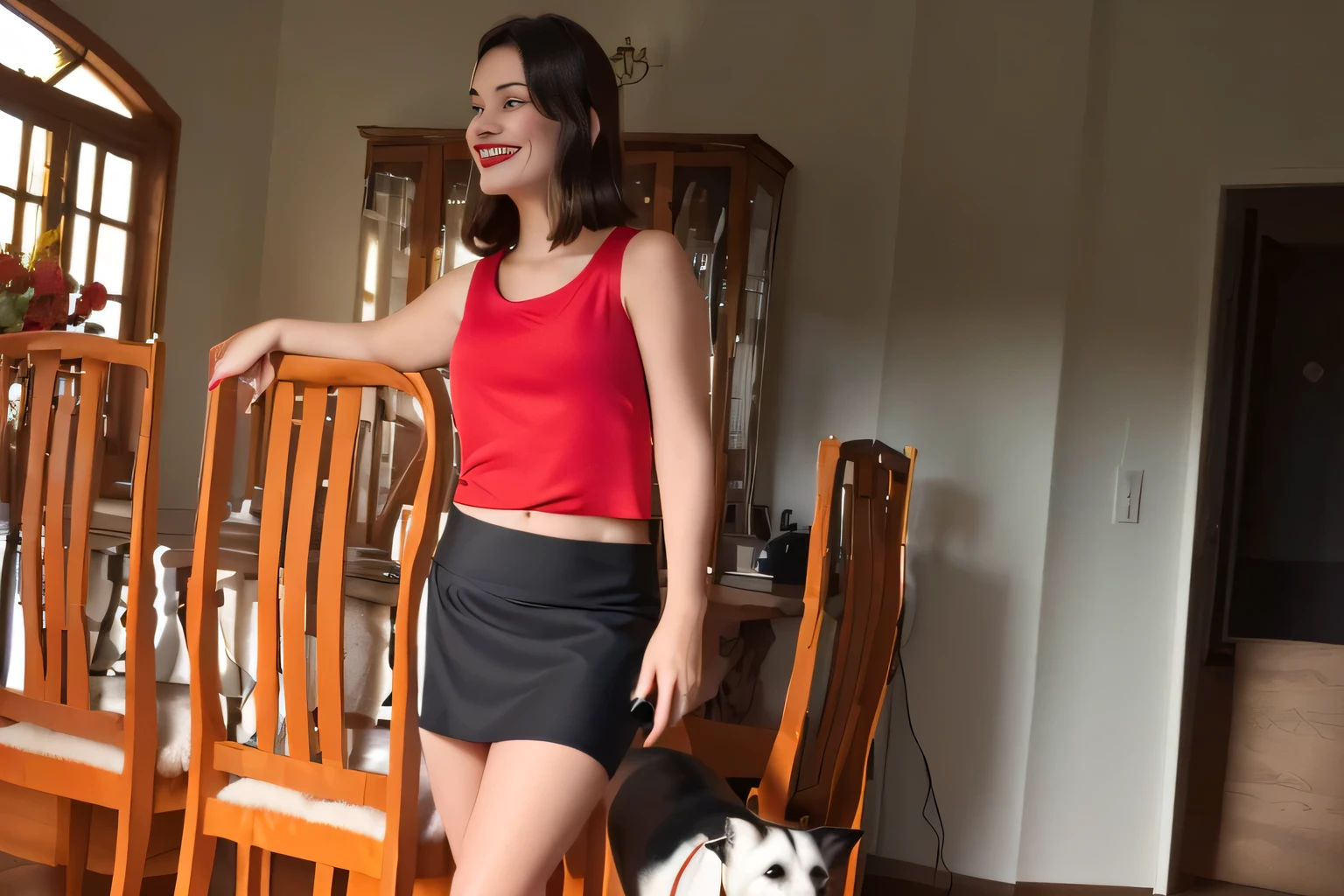 In the image, a light brunette woman is standing in a room with wooden floors and furniture, leaning on a chair. woman in a red tank top and black skirt standing next to a white dog, wearing shorts/skirt, wearing a tank top and shorts/skirt, photo from the middle of the waist up, wearing red shorts, attacking the camera :4, with a red skirt, wearing red tank top and black shorts/skirt, wearing skirt, dressed in top and shorts, wearing honey themed mini skirt
wearing tight and simple clothes, full body wide shot, full body shot, mini skirt. She has short hair and wears a vibrant red tank top ((((red tank top))) and a short black skirt ((((short black skirt)))). Standing and leaning on a chair. The room around her. It is bright, with wooden furniture and patterned carpet. The room appears to be a dining area, as indicated by the table and chairs in the background, smiling and charming, it seems to contain a world of wonder and her face is the definition of highly realistic beauty. , reddish skin, beautiful, slightly plump lips, red lipstick, smiling, feeling of lightness and joy, very elaborate skin, full body photo, clear photo, high quality, high resolution, masterpiece, high quality. quality), Ultra HD, high contrast, masterpiece 16K press: 1.3, high resolution, (photographically realistic) HD, high contrast, high resolution, (photographically realistic resolution, (photographically realistic)).