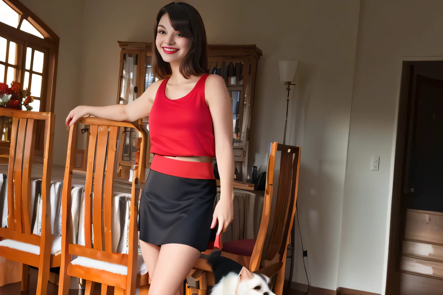 In the image, a light brunette woman is standing in a room with wooden floors and furniture, leaning on a chair. woman in a red tank top and black skirt standing next to a white dog, wearing shorts/skirt, wearing a tank top and shorts/skirt, photo from the middle of the waist up, wearing red shorts, attacking the camera :4, with a red skirt, wearing red tank top and black shorts/skirt, wearing skirt, dressed in top and shorts, wearing honey themed mini skirt
wearing tight and simple clothes, full body wide shot, full body shot, mini skirt. She has short hair and wears a vibrant red tank top ((((red tank top))) and a short black skirt ((((short black skirt)))). Standing and leaning on a chair. The room around her. It is bright, with wooden furniture and patterned carpet. The room appears to be a dining area, as indicated by the table and chairs in the background, smiling and charming, it seems to contain a world of wonder and her face is the definition of highly realistic beauty. , reddish skin, beautiful, slightly plump lips, red lipstick, smiling, feeling of lightness and joy, very elaborate skin, full body photo, clear photo, high quality, high resolution, masterpiece, high quality. quality), Ultra HD, high contrast, masterpiece 16K press: 1.3, high resolution, (photographically realistic) HD, high contrast, high resolution, (photographically realistic resolution, (photographically realistic)).