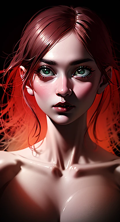 A stunningly realistic dark fantasy portrait of a tall, leggy red-haired woman with a chiseled abs, small waist, large emerald green eyes, and plump lips. She stands confidently, her body displayed in all its glory. The background is a mix of dark, brooding colors, with some ethereal elements, creating an atmospheric and mysterious setting. The overall tone of the image is a blend of beauty, power, and darkness., dark fantasy, portrait photography, painting