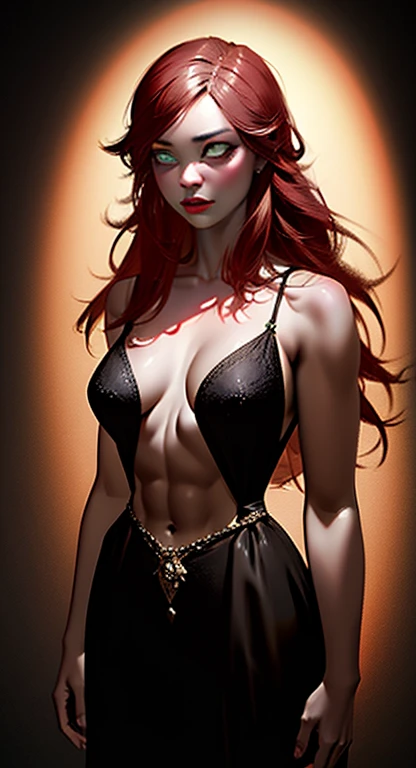 A stunningly realistic dark fantasy portrait of a tall, leggy red-haired woman with a chiseled abs, small waist, large emerald green eyes, and plump lips. She stands confidently, her body displayed in all its glory. The background is a mix of dark, brooding colors, with some ethereal elements, creating an atmospheric and mysterious setting. The overall tone of the image is a blend of beauty, power, and darkness., dark fantasy, portrait photography, painting