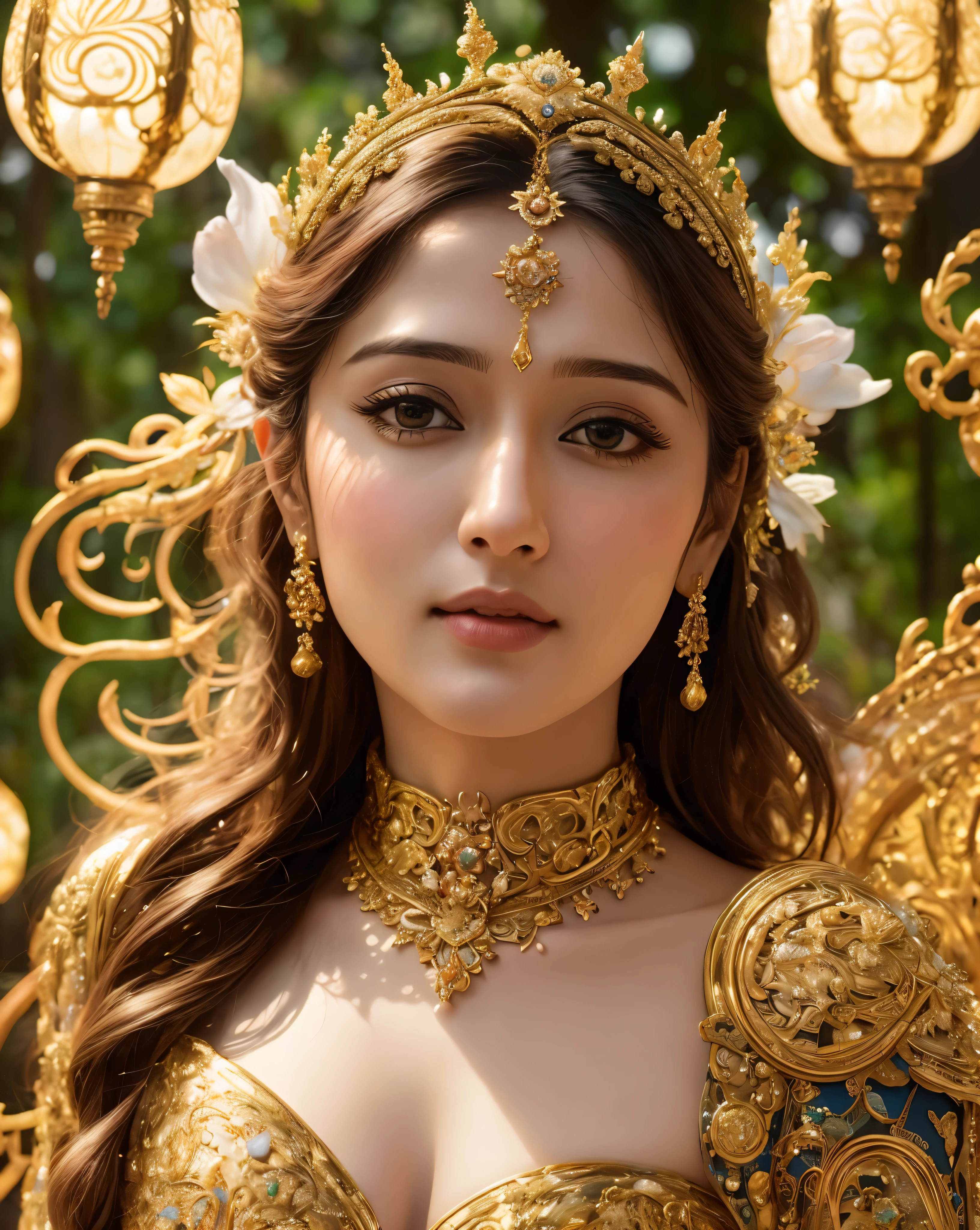 Face mix of Anushka Shetty and Nayanthara, a masterpiece ultrarealistic ultradetailed portrait of a beautiful girl in incredible goledn armor. baroque renaissance. in forest. medium shot, intricate, elegant, highly detailed. trending on artstation, digital art, by stanley artgerm lau, wlop, rossdraws, james jean, andrei riabovitchev, marc simonetti, yoshitaka amano. background by james jean and gustav klimt, light by julie bell, 4 k, porcelain skin.