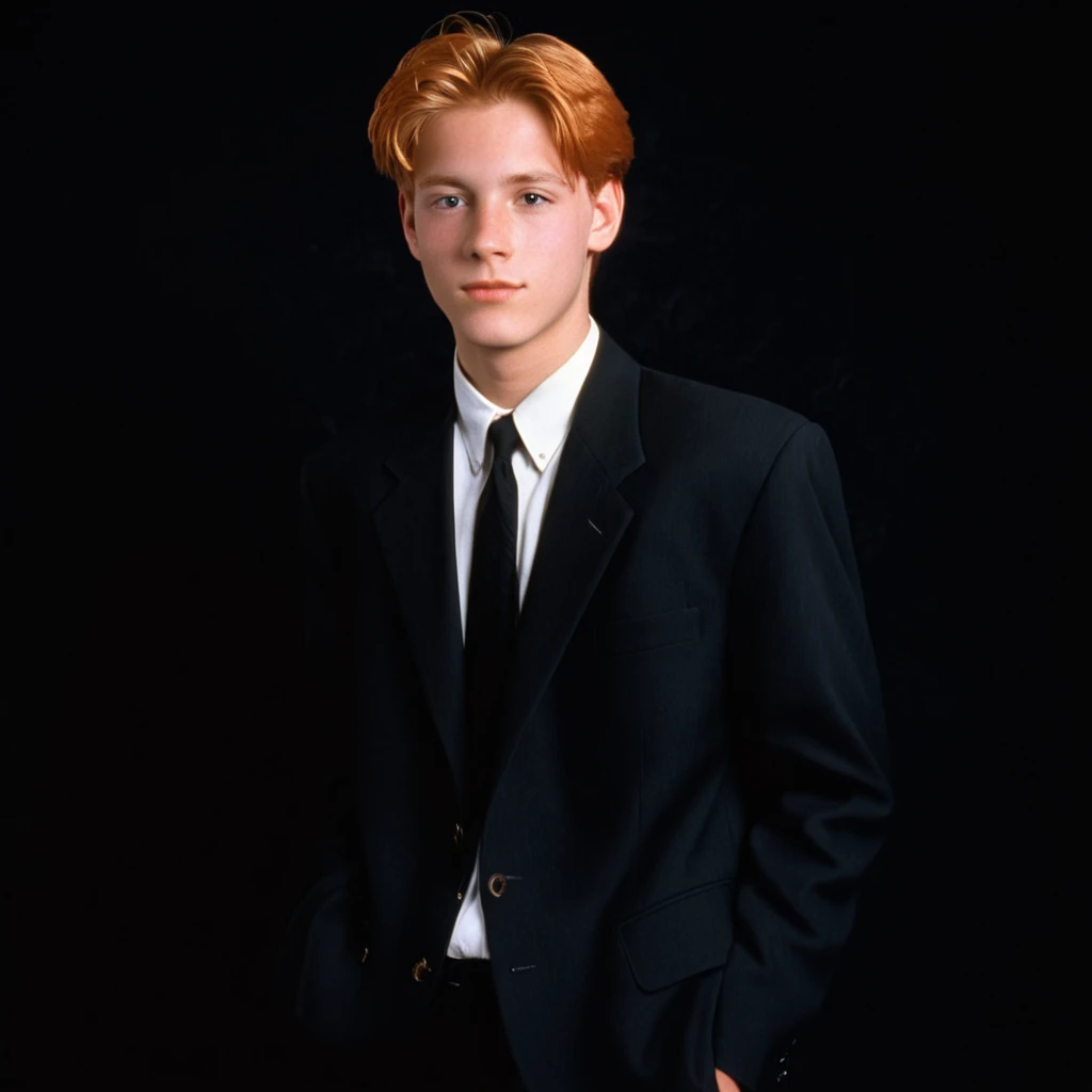 1996 style, suit without tie, twenty year old boy, short trimmed reddish blonde hair, blank black background, 90s clothing, 1990s, studio portrait