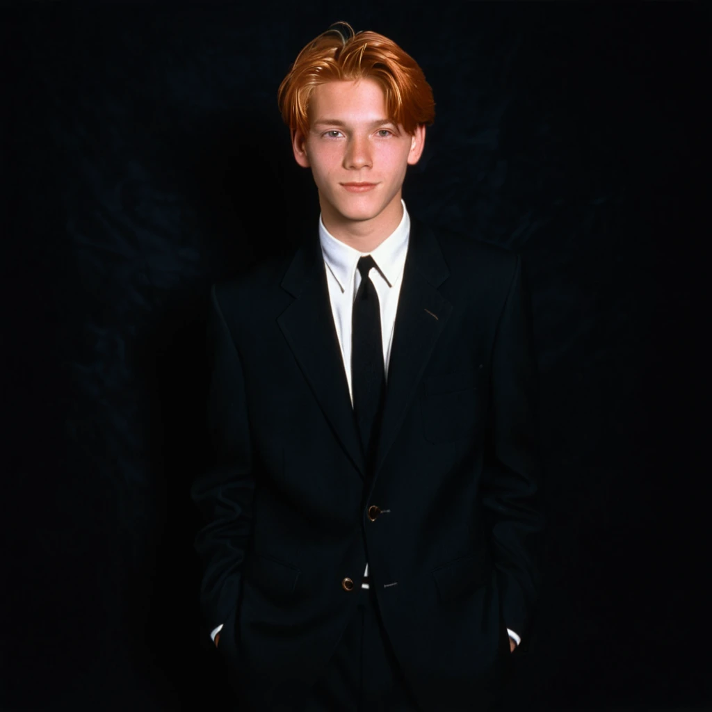 1996 style, suit without tie, twenty year old boy, short trimmed reddish blonde hair, blank black background, 90s clothing, 1990s, studio portrait