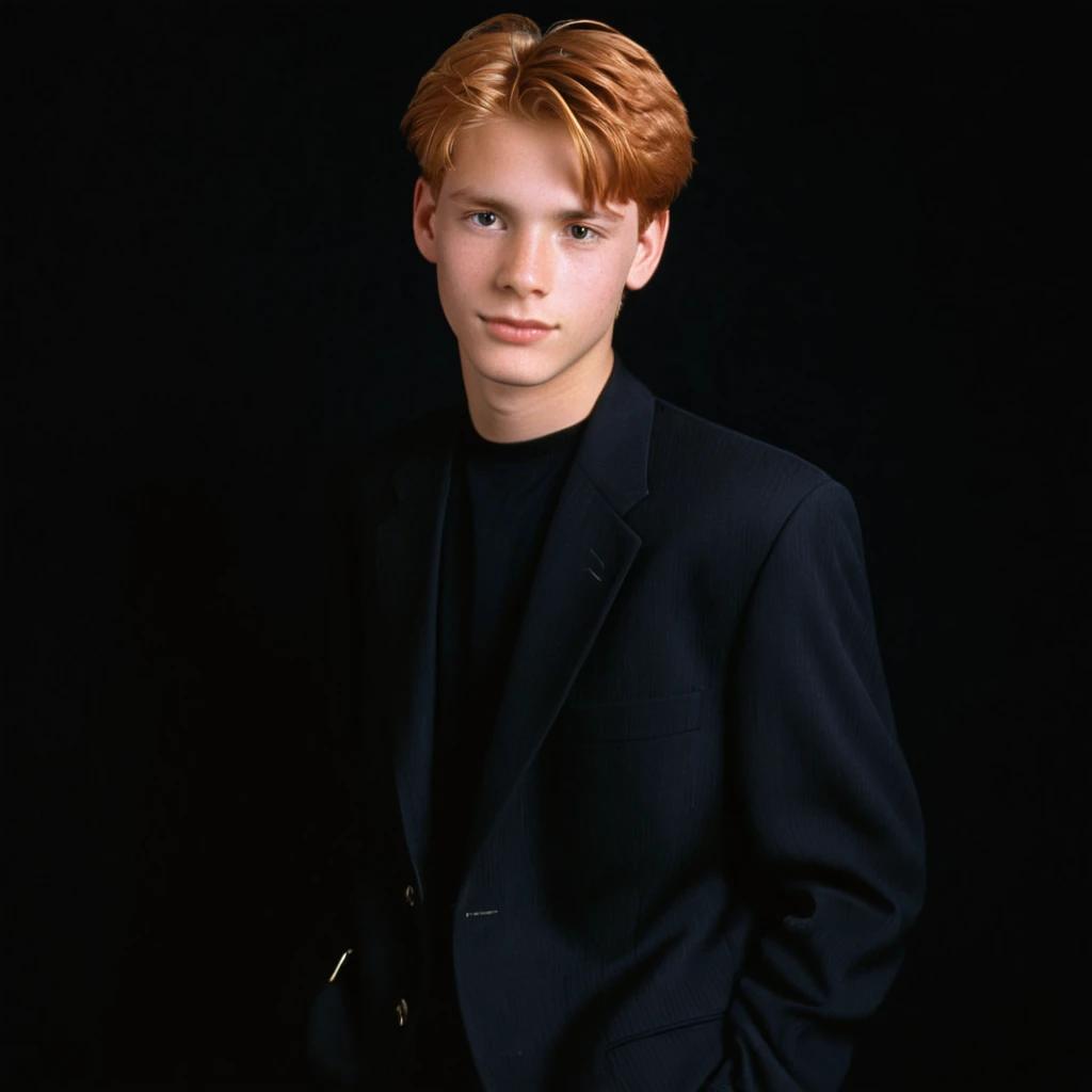 1996 style, suit without tie, twenty year old boy, short trimmed reddish blonde hair, blank black background, 90s clothing, 1990s, studio portrait