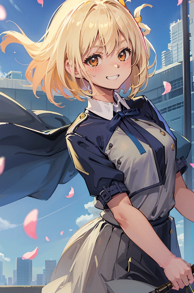 masterpiece、top-quality、Female one、bangss、platinum-blonde、yellow 、yellow blush、breastsout、Y shirt、face very close up、Small Bust、
、dress shirts、Eyebrows visible through the hair、Grinning、Bob Hair、Viewer's Perspective、yellow tie ribbon、Akame、student clothes、a blue skirt、A smile、solo、perfect fingars, , blue-sky、flower petals、Fashionable、sano、colourfull、Dynamic、City background lined with skyscrapers