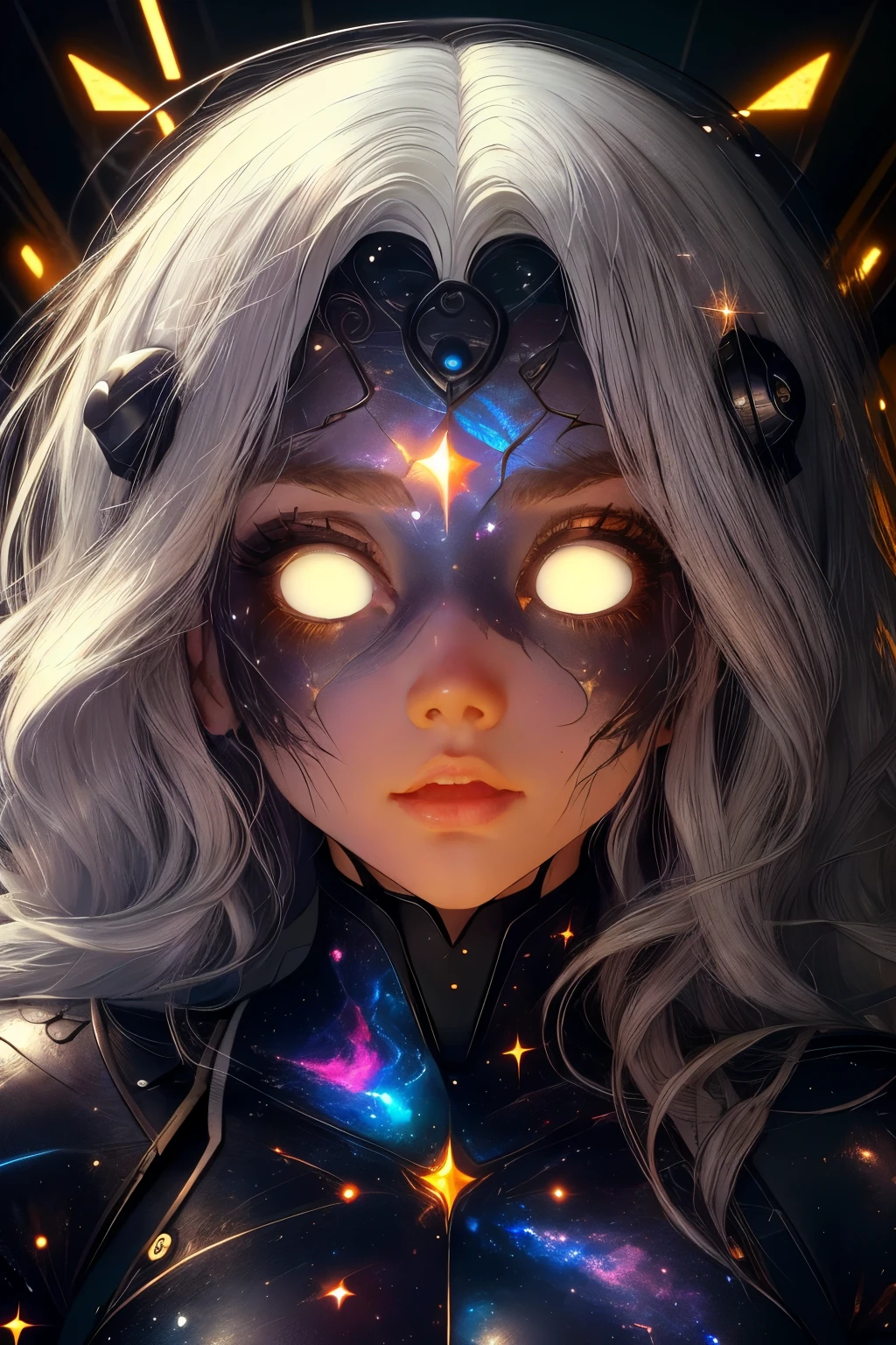 (This is a beautiful and colorful fantasy cinematic image.) Generate a (blind) zombie woman with curly hair and milky white eyes. Her face is extremely important and is beautiful with puffy lips, dirty skin, and perfect features. (Her eyes are important.) Her eyes are pure white. Her clothing is silk and torn. Her face and (body) have artful scars and marks. Include fantasy, masterpiece, ornate, cute, colorful, ((in action)), ((shirome eyes:1.3), compelling, energetic, ((celestialskin body))