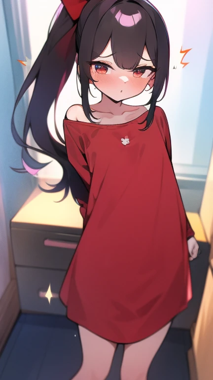 Adulta, Cabello negro ondulado, mirada penetrante con ojos profundos de color rojo, estatura promedio, Silky hair with a ponytail hairstyle collected with a red bow with two white lines, tiene pechos, primer plano, Session, standing in the middle of his room [[[[pervertida]]] , Sonrojada, mini dress transparent lingerie, NSFW, showing my ass to the camera 