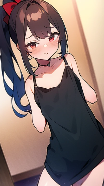 Adulta, Cabello negro ondulado, mirada penetrante con ojos profundos de color rojo, estatura promedio, Silky hair with a ponytail hairstyle collected with a red bow with two white lines, tiene pechos, primer plano, Session, standing in the middle of his room [[[[pervertida]]] , Sonrojada, mini dress transparent lingerie, NSFW, showing my ass to the camera 