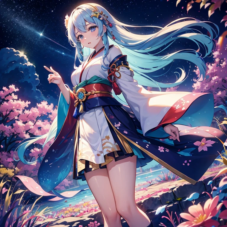 Japanese beauty with long hair,under the sea of colorful flowers in the starry sky