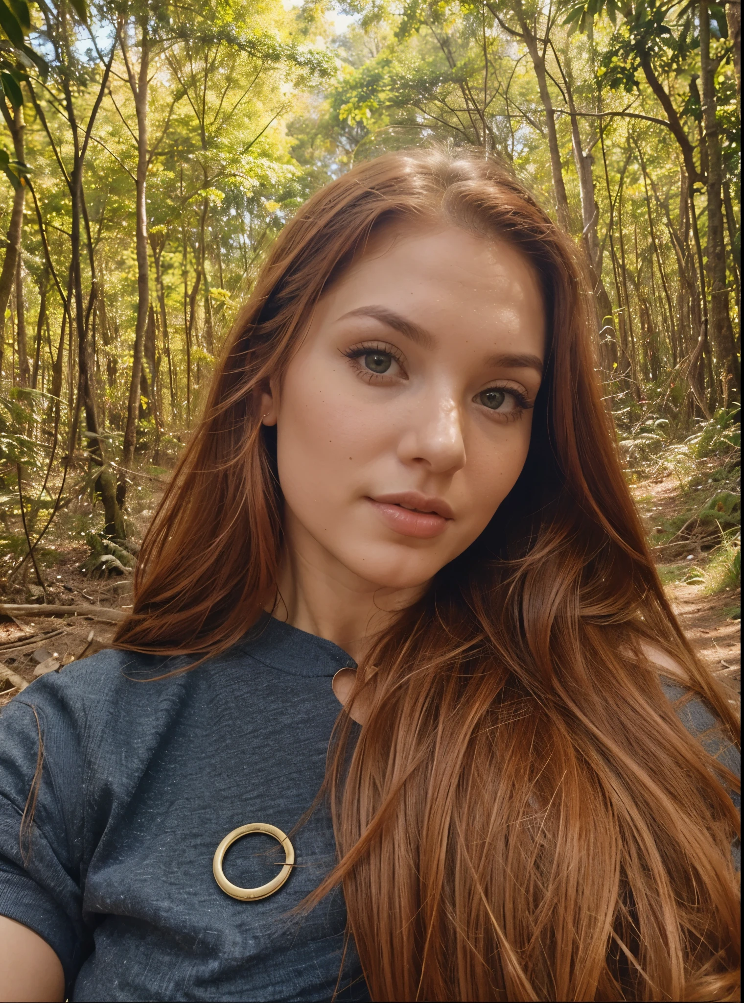 Uma mulher linda, ruiva, cabelo avermelhado, fundo bosque, sexy, bunda grande, pernas grossas, fitness 