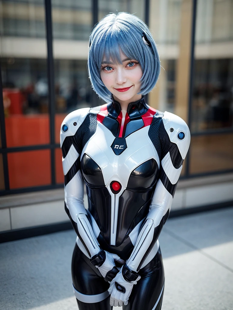Masterpiece, highest quality, 8K, detailed skin texture, fine cloth texture, beautiful detailed face, intricate details, super detailed, portrait of Rei Ayanami, blue hair, red eyes, looking far away, no background, Evangelion Wearing a plug suit when riding, plug suit, whole body visible, standing, arms crossed, 15 years old, beautiful, cute, great style, smiling,composition that shows the whole body,
