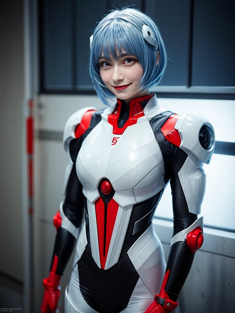 Masterpiece, highest quality, 8K, detailed skin texture, fine cloth texture, beautiful detailed face, intricate details, super detailed, portrait of Rei Ayanami, blue hair, red eyes, looking far away, no background, Evangelion Wearing a plug suit when riding, plug suit, whole body visible, standing, arms crossed, 15 years old, beautiful, cute, great style, smiling,composition that shows the whole body,