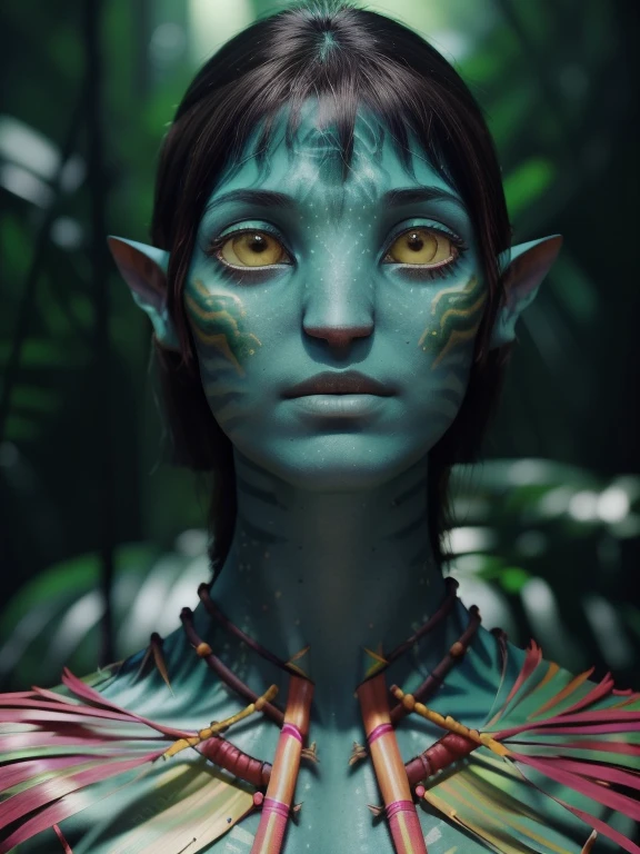 avatar style, (face portrait:1.6), naavi, 1girl, female, yellow eyes, ((big detailed alien eyes:1)), ((eyebrowless)), ((pointy ears)), (green skin tone:1.0), (straight hair:1.0), brown hair color, ((long messy hair)), (young adult), 18 years old, face wrinkles, ((wearing colorful tribal clothing)), (wearing tribal acessories), detailed eyes, toned body, muscled body, vibrant colors, glowing, ethereal atmosphere, surrealistic dreamy lighting, textured skin, otherworldly beauty, mesmerizing photography, (best quality, highres), vivid colors, ultrarealistic, skin details, striped skin, sfw, face close-up:0.5, ultradetailed body, ((forest green skin)), dark background, night time, intricatedetails