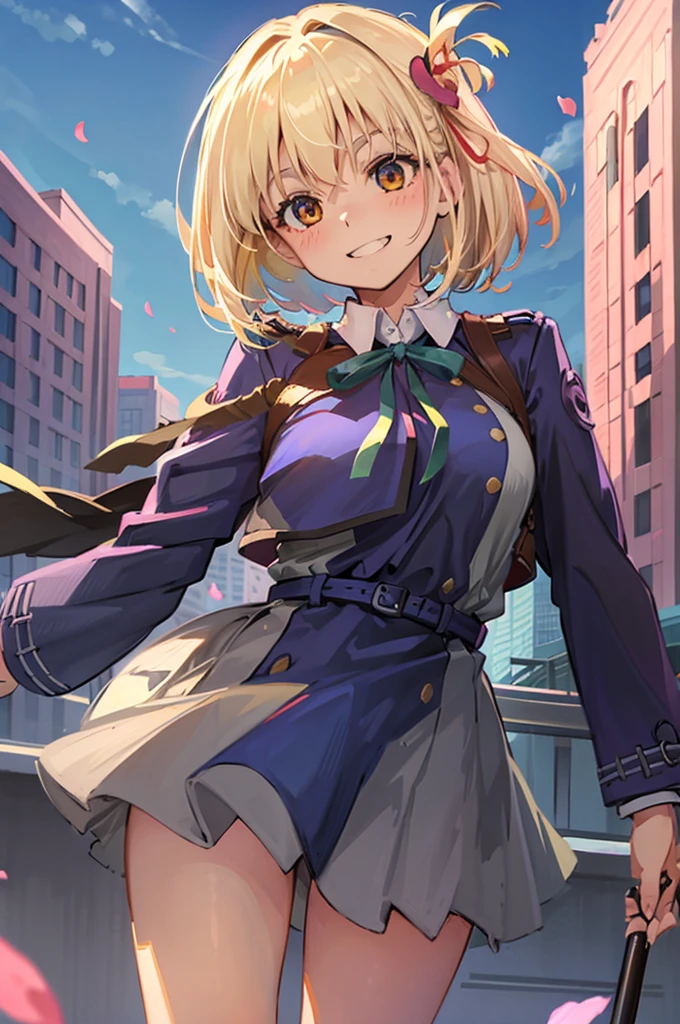 masterpiece、top-quality、Female one、bangss、platinum-blonde、yellow 、yellow blush、breastsout、Y shirt、Throat up shot of the face、Small Bust、
、dress shirts、Eyebrows visible through the hair、Grinning、Bob Hair、Viewer's Perspective、yellow tie ribbon、Akame、student clothes、a blue skirt、A smile、solo、perfect fingars, , blue-sky、flower petals、Fashionable、sano、colourfull、Dynamic、City background lined with skyscrapers