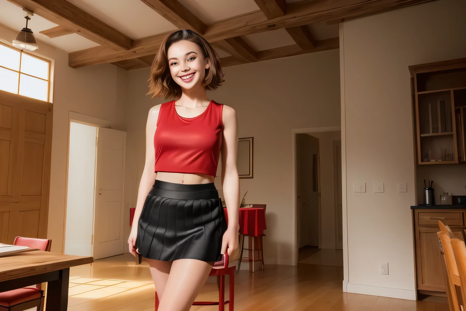 In the image, a light brunette woman is standing in a room with wooden floors and furniture, leaning on a chair. woman in a red tank top and black skirt standing next to a white dog, wearing shorts/skirt, wearing a tank top and shorts/skirt, photo from the middle of the waist up, wearing red shorts, attacking the camera :4, with a red skirt, wearing red tank top and black shorts/skirt, wearing skirt, dressed in top and shorts, wearing honey themed mini skirt, wearing tight and simple clothes, full body wide shot, full body shot, mini skirt. She has short hair and wears a vibrant red tank top ((((red tank top))) and a short black skirt ((((short black skirt)))). Standing and leaning on a chair. The room around her. It is bright, with wooden furniture and patterned carpet. The room appears to be a dining area, as indicated by the table and chairs in the background, smiling and charming, it seems to contain a world of wonder and her face is the definition of highly realistic beauty. , reddish skin, beautiful, slightly plump lips, red lipstick, smiling, feeling of lightness and joy, very elaborate skin, full body photo, clear photo, high quality, high resolution, masterpiece, high quality. quality), Ultra HD, high contrast, masterpiece 16K press: 1.3, high resolution, (photographically realistic) HD, high contrast, high resolution, (photographically realistic resolution, (photographically realistic)).