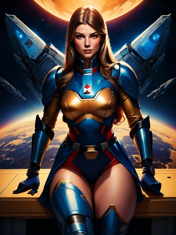 Best quality illustration, space beautiful vintage woman,long hair, looking to observer, LITTLE SHY SMILE, tight hi-tech armor suit beige, RED and blue with intrincated details, adjusting hi-tech gloves, militar tactical belt, thighs and knee,spaceships scenario,difuse lights