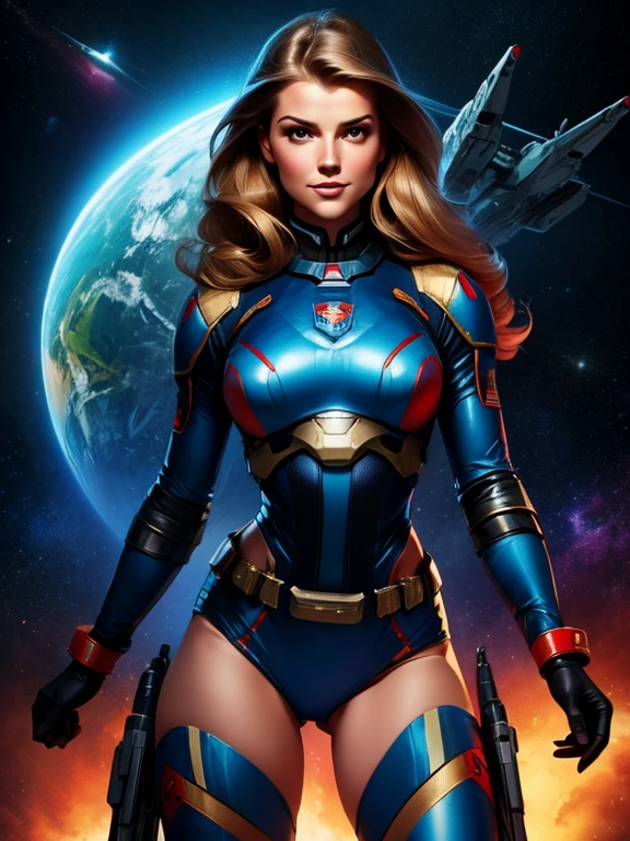 Best quality illustration, space beautiful vintage woman,long hair, looking to observer, LITTLE SHY SMILE, tight hi-tech armor suit beige, RED and blue with intrincated details, adjusting hi-tech gloves, militar tactical belt, thighs and knee,spaceships scenario,difuse lights