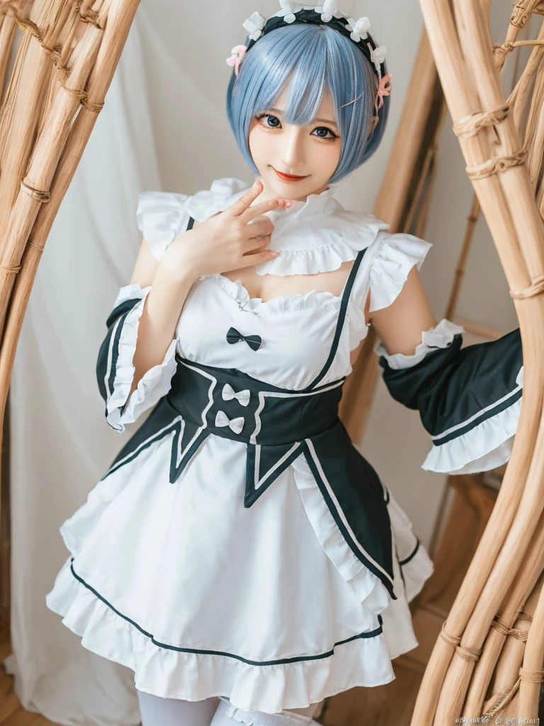 (8K, Photorealistic, Raw photo, of the highest quality: 1.3), (1girl in), Super beautiful, (Realistic face), (boyish, light blue Color Berry Shorthair),(8K, Photorealistic, Raw photo, of the highest quality: 1.3), (1girl in), Super beautiful, (Realistic face), (boyish, pink Color Berry Shorthair), Beautiful , Glare that captivates the viewer, Beautiful expression, Beautiful breasts, (Realistic skin), Be...Create a detailed and colorful image of Ram and Rem from Re:Zero, standing back-to-back in their maid outfits, with a magical fantasy background、14years old, two girls,cute, perfect face, beautiful, nice body, gothic lolita clothes, gothic lolita fashion, frilly skirt, headdress, necklace, bracelet, knee-high socks, boots, double eyelids, tear bags, Detailed down to the fingers, photo-like description, indoors, dim indoor lighting, one girl is pink hair and short bob, another girl is light blue hair and short bob,standing, whole body, composition that shows the whole body, smiling,The Both of them are wearing the same type of maid outfit