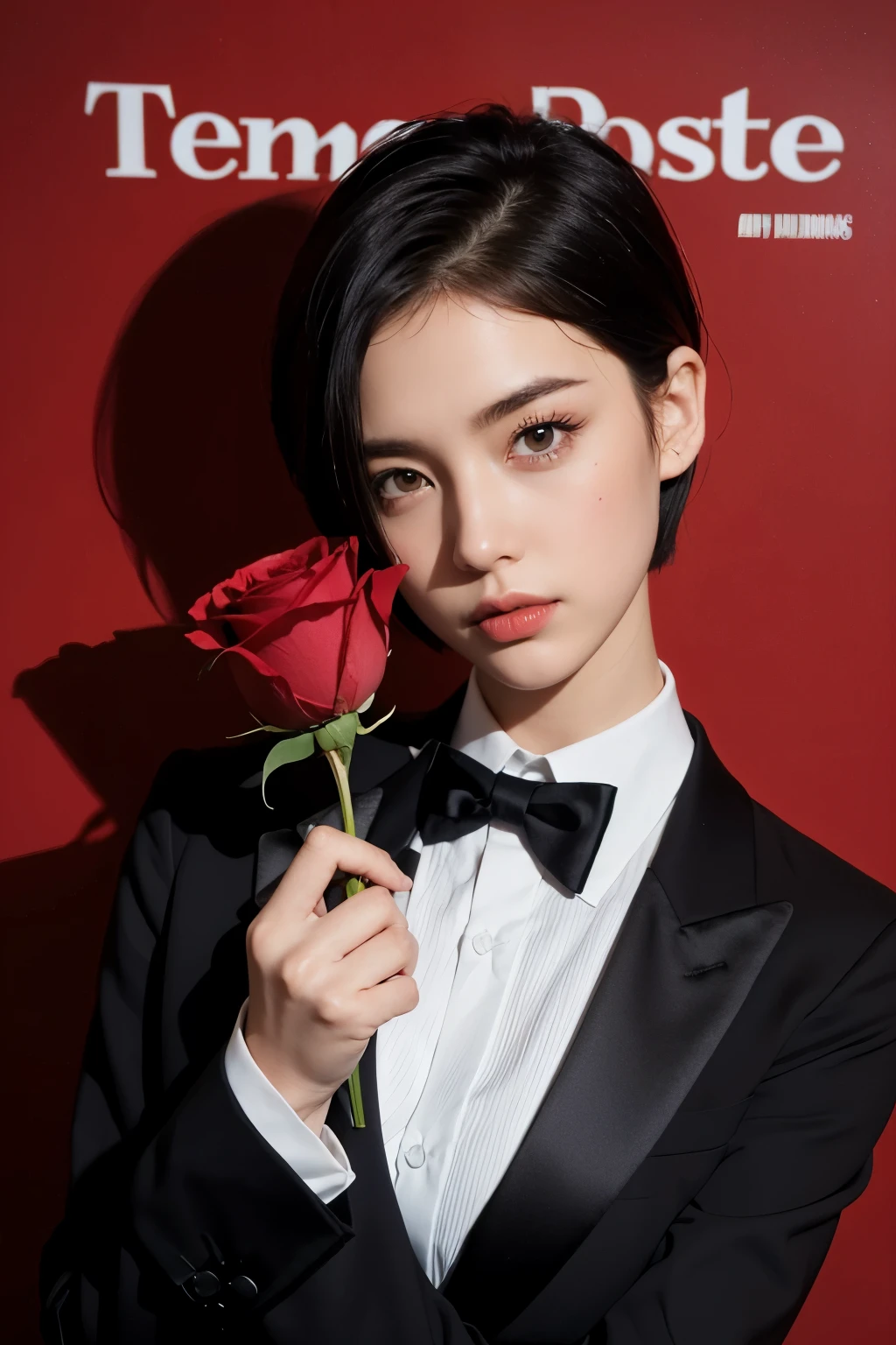 Background and model as is, Beautiful woman holding a red rose, in tuxedo, magazine pose, short cut hair,