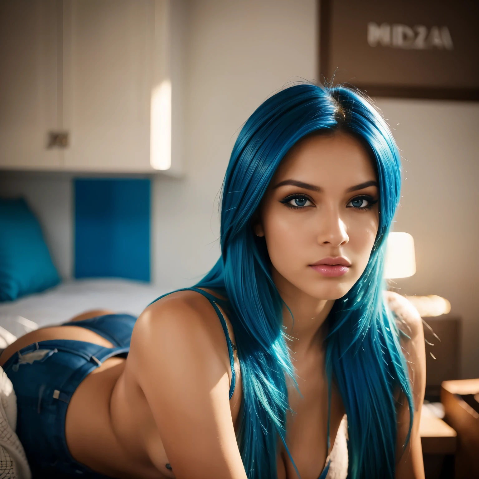 Chica hermosa, Brazilian model, 21-year-old, electric blue hair model, mirando a la camara, mujer de rostro hermoso, mujer de cabello largo,
