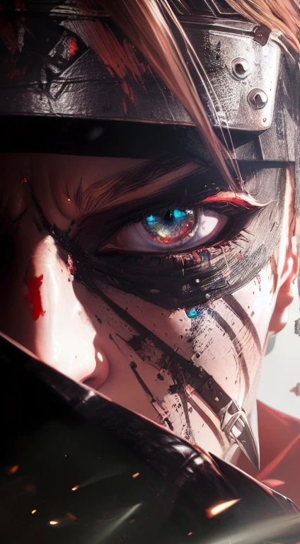 anime character with a knife in his hand and a bloody face, sekiro, 4k concept art and hyper realism, badass anime 8 k, shinobi, joker looks like naruto, snk, joker as naruto, ultra realistic concept art, akihiko yoshida. unreal engine, inspired by Kanō Hōgai, tekken 7, trending on artstationhq (GREEN EYES)