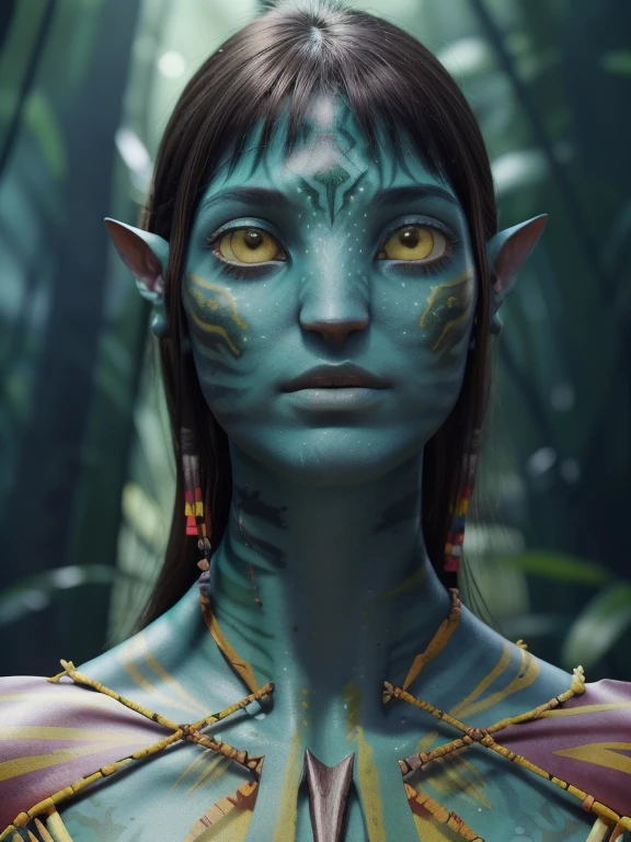 avatar style, (face portrait:1.6), naavi, 1girl, female, yellow eyes, ((big detailed alien eyes:1)), ((eyebrowless)), ((pointy ears)), (green skin tone:1.0), (straight hair:1.0), brown hair color, ((long messy hair)), (young adult), 18 years old, face wrinkles, ((wearing colorful tribal clothing)), (wearing tribal acessories), detailed eyes, toned body, muscled body, vibrant colors, glowing, ethereal atmosphere, surrealistic dreamy lighting, textured skin, otherworldly beauty, mesmerizing photography, (best quality, highres), vivid colors, ultrarealistic, skin details, striped skin, sfw, face close-up:0.5, ultradetailed body, ((forest green skin)), dark background, night time, intricatedetails