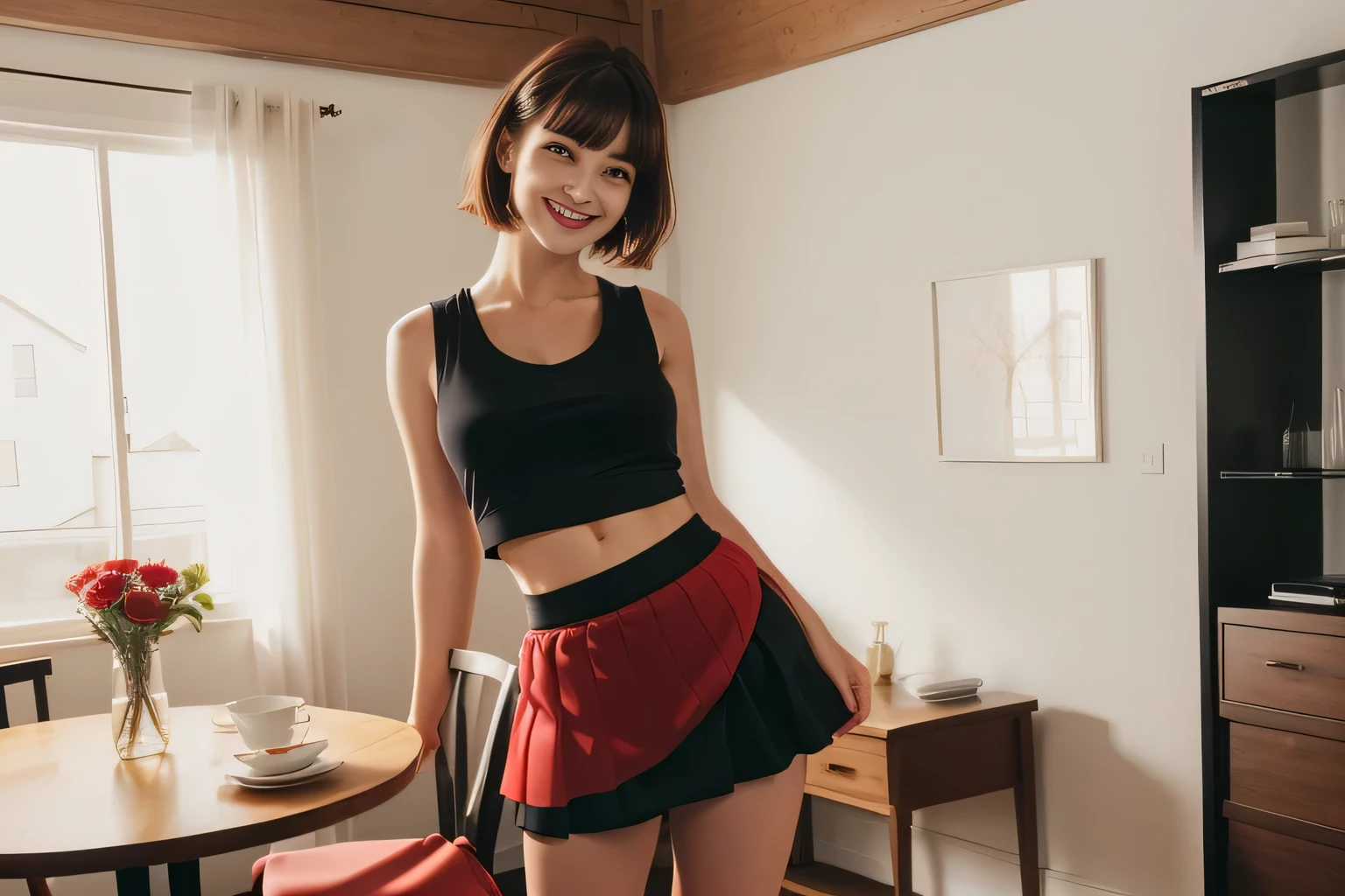 In the image, a light brunette woman is standing in a room with wooden floors and furniture, leaning on a chair. woman in a red tank top and black skirt standing next to a white dog, wearing shorts/skirt, wearing a tank top and shorts/skirt, photo from the middle of the waist up, wearing red shorts, attacking the camera :4, with a red skirt, wearing red tank top and black shorts/skirt, wearing skirt, dressed in top and shorts, wearing honey themed mini skirt, wearing tight and simple clothes, full body wide shot, full body shot, mini skirt. She has short hair and wears a vibrant red tank top ((((red tank top))) and a short black skirt ((((short black skirt)))). Standing and leaning on a chair. The room around her. It is bright, with wooden furniture and patterned carpet. The room appears to be a dining area, as indicated by the table and chairs in the background, smiling and charming, it seems to contain a world of wonder and her face is the definition of highly realistic beauty. , reddish skin, beautiful, slightly plump lips, red lipstick, smiling, feeling of lightness and joy, very elaborate skin, full body photo, clear photo, high quality, high resolution, masterpiece, high quality. quality), Ultra HD, high contrast, masterpiece 16K press: 1.3, high resolution, (photographically realistic) HD, high contrast, high resolution, (photographically realistic resolution, (photographically realistic)).