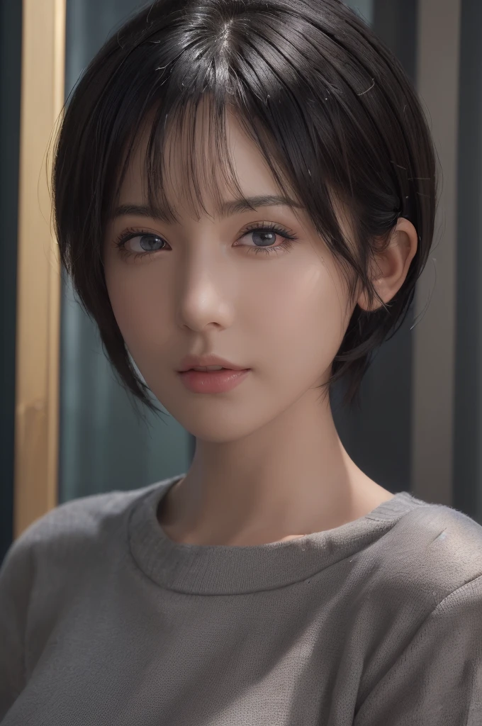 (masterpiece:1.3), (8k, photorealistic, RAW photo, best quality: 1.4), (1girl), beautiful face, (realistic face), (black hair, short hair:1.3), beautiful hairstyle, realistic eyes, beautiful detailed eyes, (realistic skin), beautiful skin, (sweater), absurdres, attractive, ultra high res, ultra realistic, highly detailed, golden ratio