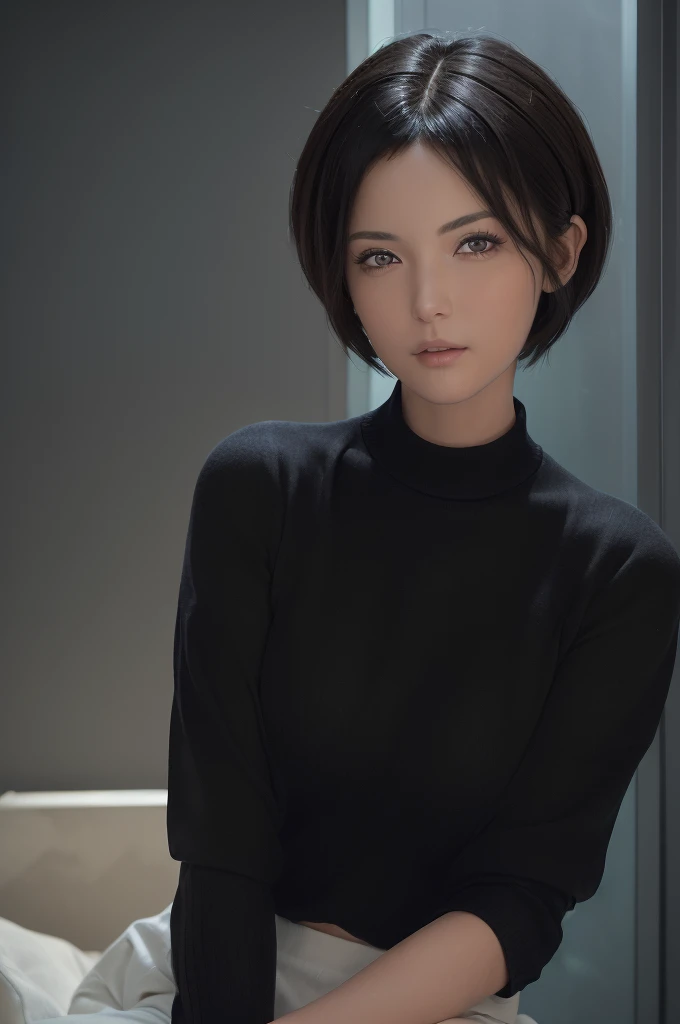 (masterpiece:1.3), (8k, photorealistic, RAW photo, best quality: 1.4), (1girl), beautiful face, (realistic face), (black hair, short hair:1.3), beautiful hairstyle, realistic eyes, beautiful detailed eyes, (realistic skin), beautiful skin, (sweater), absurdres, attractive, ultra high res, ultra realistic, highly detailed, golden ratio