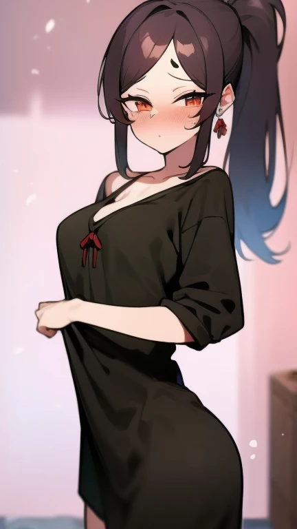 Adulta, Cabello negro ondulado, mirada penetrante con ojos profundos de color rojo, estatura promedio, Silky hair with a ponytail hairstyle collected with a red bow with two white lines, tiene pechos, primer plano, Session, standing in the middle of his room [[[[pervertida]]] , Sonrojada, transparent lingerie, NSFW, showing my ass to the camera 