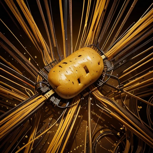 (A potato is connected by many wires), abstract, 2d, illustration, yellow-brown tone, scary