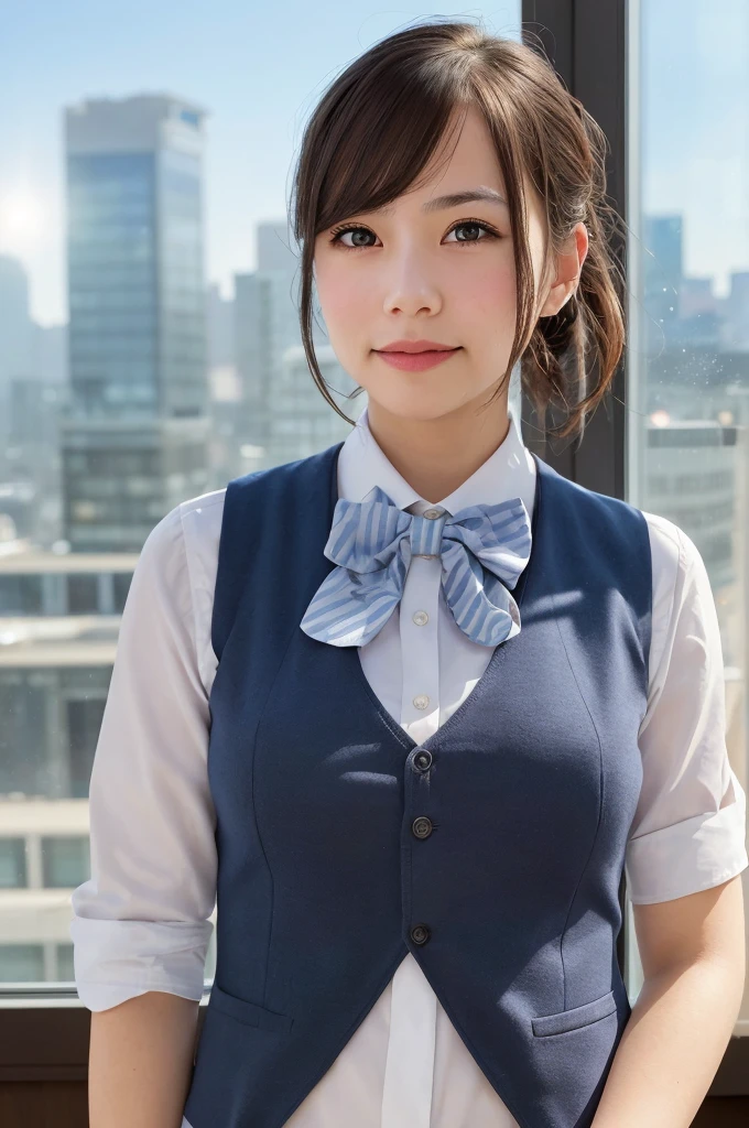 1girl, matured female, vest, bow, photo, realistic, best quality, hires, detailed face, office, buildings from window, detailed background, diffused sunlight, depth of field, bokeh