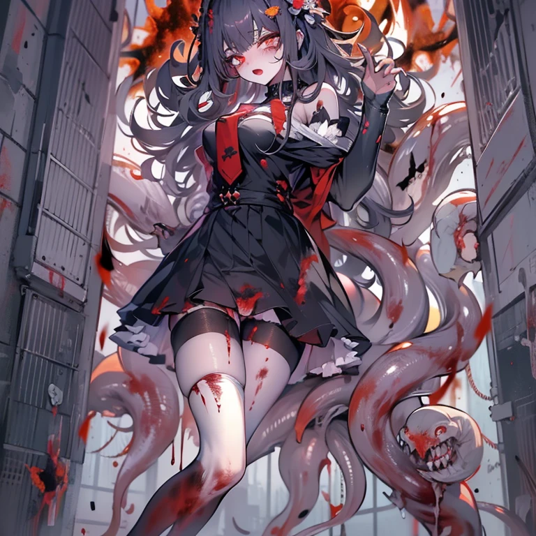 masterpiece, best quality, masterpiece,best quality,official art,extremely detailed CG unity 8k wallpaper, show foot, ***********, solo, kawaii, no_humans, medium hair, black hair, tentacle hair, saliva, blood on face, light blush, red eyes, blood from eyes, large breasts, hanging breasts, one breast out, seifuku, black pantyhose, uwabaki, tentacle, vore, bdsm, girl_on_top, sex, femdom, facesitting, pussy_juice, female_ejaculation, cum, zombie  girl ，one girl one boy，Girl infects man，Man under girl，Zombie girl，Blood on the face，Zombie girl感染人类，Zombie Lori，White stockings