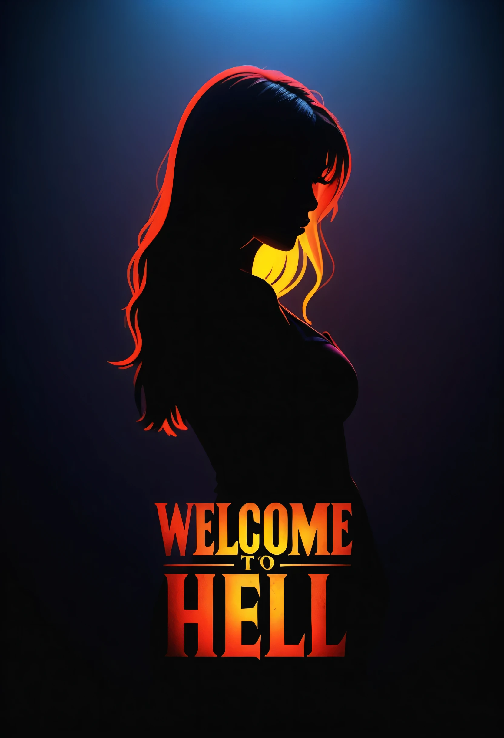 (highest quality,High resolution,masterpiece:1.2),Very detailed,(Realistic,photoRealistic,photo-Realistic:1.37),High resolution,超High resolution,Vibrant colors,Sharp focus,Professionally lit logo. TXT: " WELCOME to HELL". Silhouette of a girl.