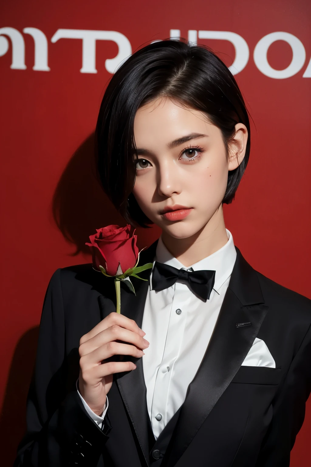 Background and model as is, Beautiful woman holding a red rose, in tuxedo, magazine pose, short cut hair,