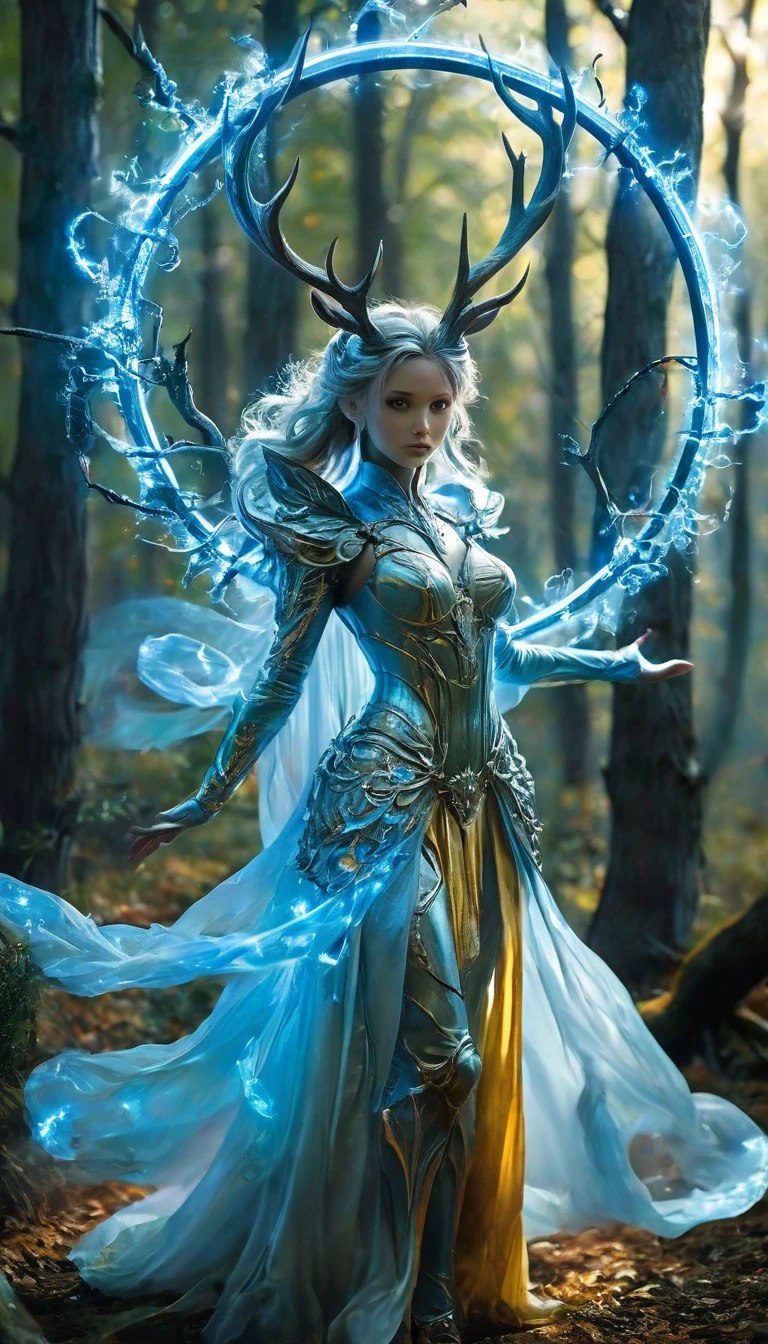 in a forest setting, the image depicts a mystical being with a set of antlers composed of light. Each side of the being has six antlers that extend backwards to form a circular pattern. The figure is dressed in a blue robe with a luminous circular decoration on the chest, lending the figure a majestic aura. This blue-hued entity supports the theme of nobility, with multiple elongated tail-like extensions emanating from the dress... A distinctive feature of the being is what appears to be a brilliant blue eye, adding to the magical essence of the character, which is amplified by the incorporation of a radiance, expansion and contraction of blue light on the chest, resembling a plasma ball. The being occupies a path amid imposing gray trees, lending a mysterious and somewhat eerie atmosphere to the scene. The overall imagery conveys a powerful sense of enigma and supernatural presence, alluding to an extraordinary and mysterious essence.