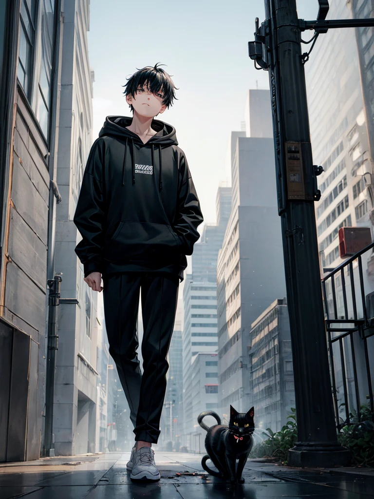 Black hair boy, black eyes, white hoodie, gloomy, black cat with green eyes, leaning on a wall, broken cityscape in background.