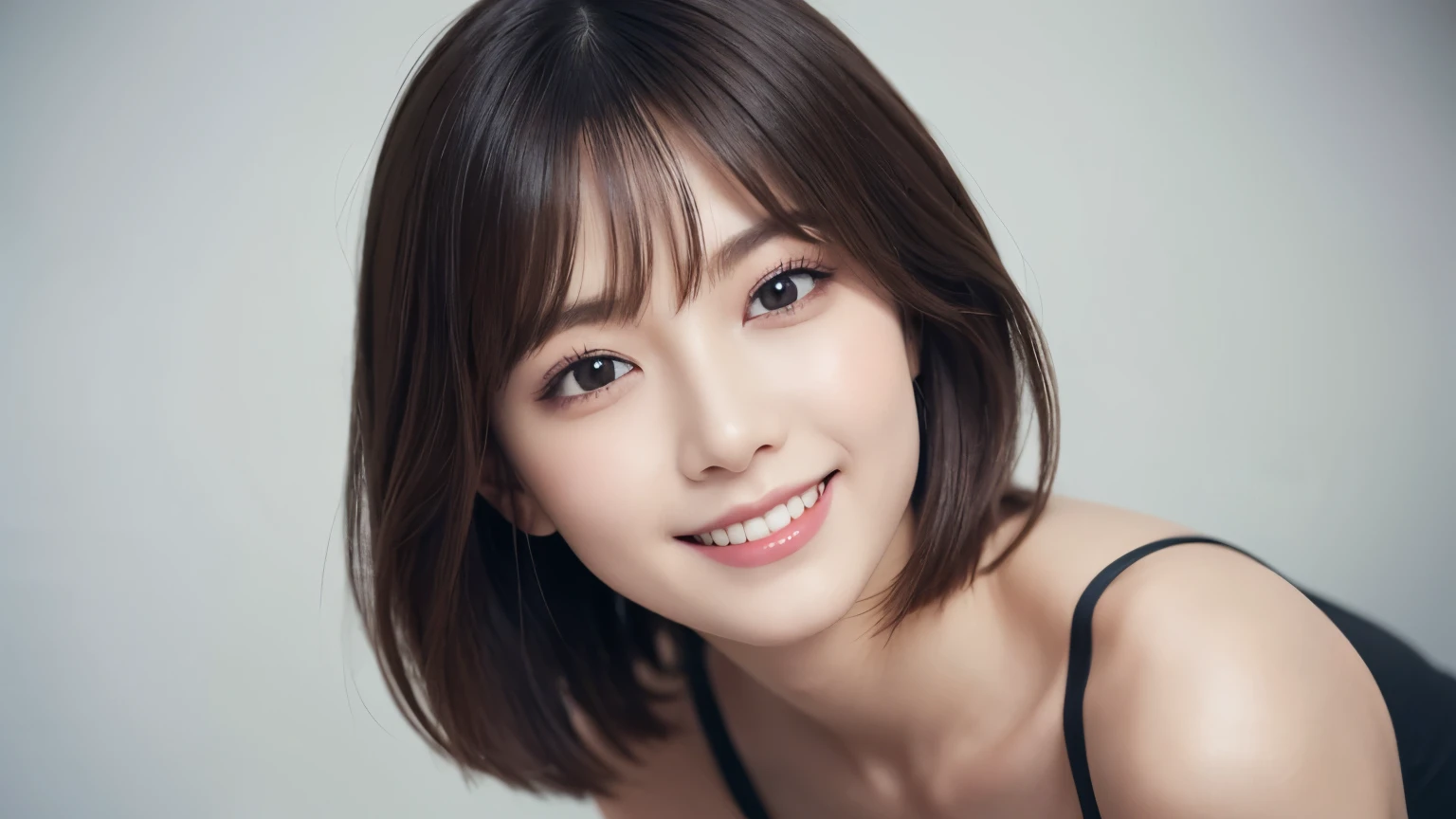 One Girl, (Dress in trendy fashion:1.2), (RAW Photos, highest quality), (Realistic, Photorealistic:1.4), Tabletop, Very delicate and beautiful, Very detailed, 2k wallpaper, wonderful, In detail, Very detailedな CG Unity 8K 壁紙, Very detailedな, High resolution, Soft Light, Beautiful detailed girl, looking at the camera、Very detailedな目と顔, Beautifully detailed nose, Beautiful fine details, short hair, small, Black Dress、White background、Background is white、Cinema Lighting, Perfect Anatomy, Slender body, smile,