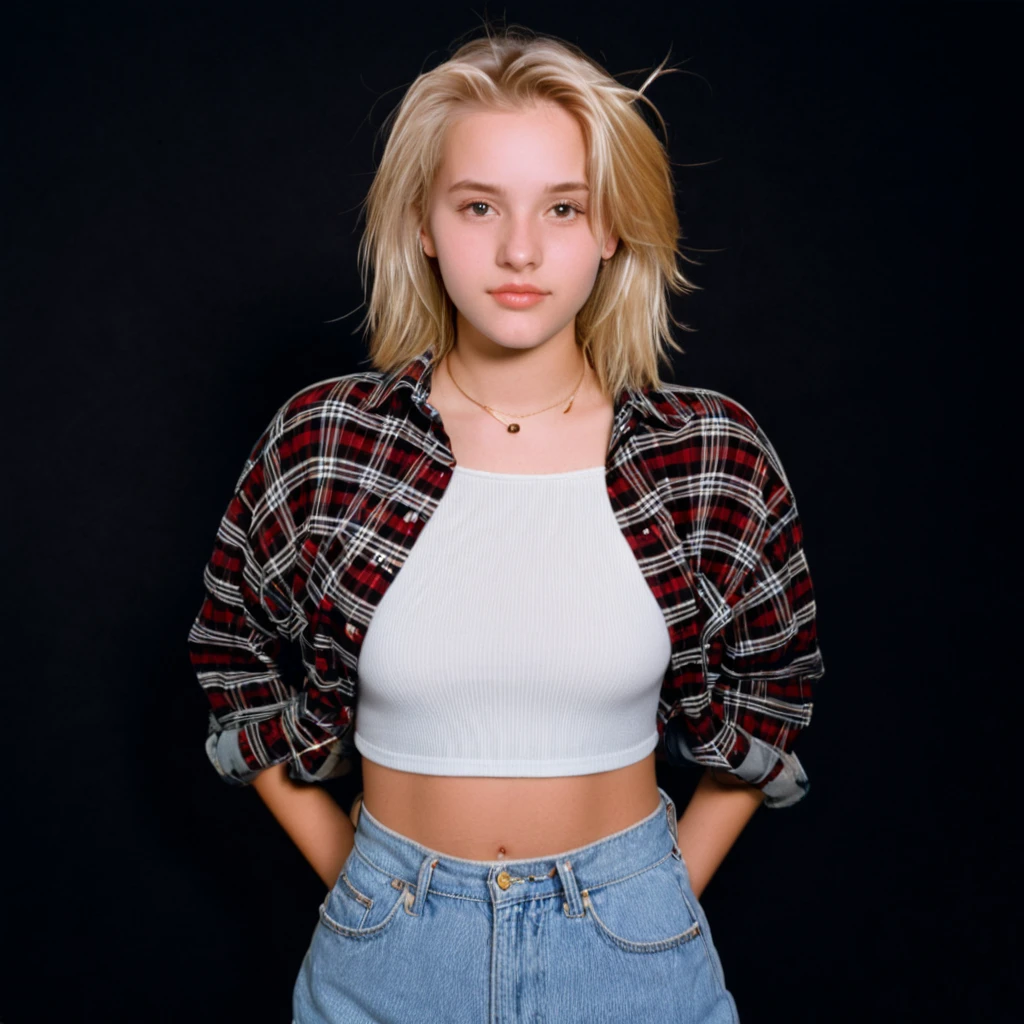 1996 clothing style, twenty year old girl, blonde shoulder length hair, blank black background, 90s clothing, 1990s, studio portrait, flannel shirt over a white crop top