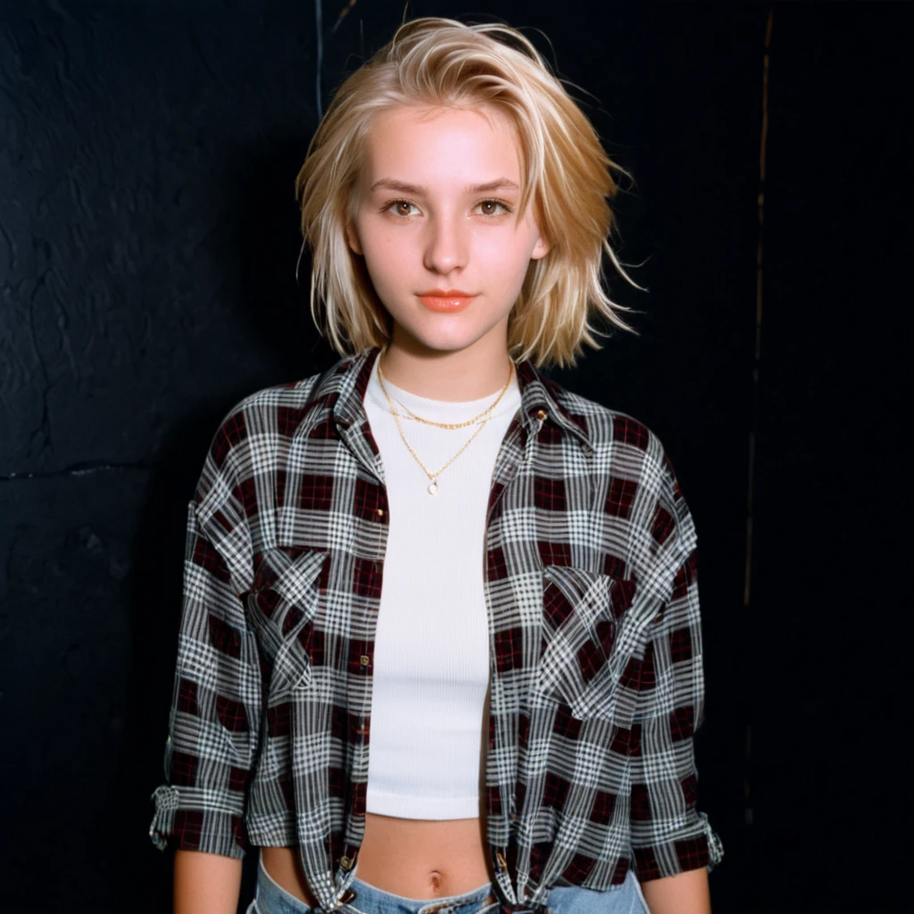 1996 clothing style, twenty year old girl, blonde shoulder length hair, blank black background, 90s clothing, 1990s, studio portrait, flannel shirt over a white crop top