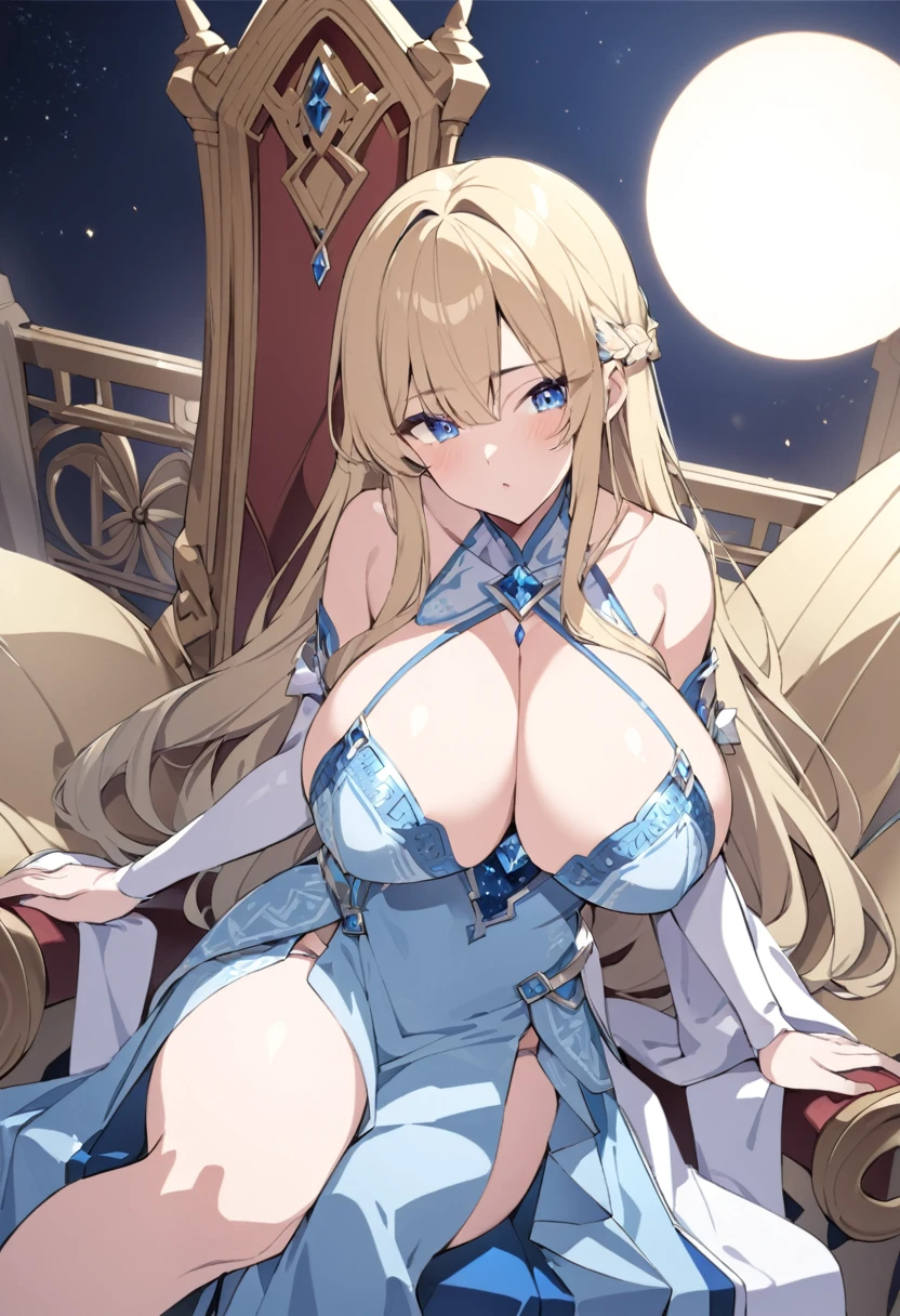 Esmeralda 18 years old long blonde hair blue eyes huge breasts blue diamond dress sitting on the throne looking to the right with moonlight