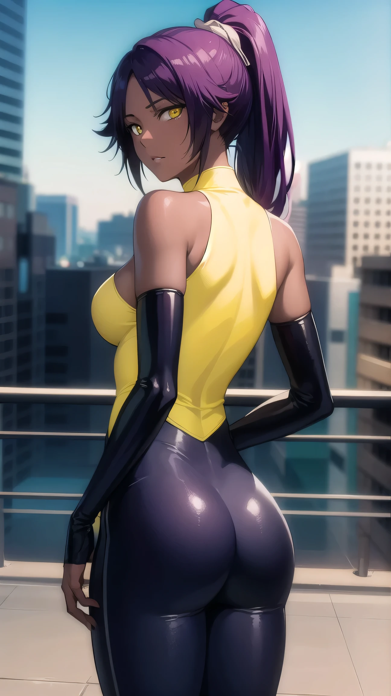 big ,cleavage,yoruichishihouin, yoruichi shihouin, from back, long hair, (yellow eyes:1.5), ponytail, purple hair, dark skin, dark-skinned female, sexy butt
BREAK bodysuit, black bodysuit, bare arms, bare shoulders, 
BREAK outdoors,
BREAK looking back , view at viewer, (cowboy shot:1.5),
BREAK (masterpiece:1.2), best quality, high resolution, unity 8k wallpaper, (illustration:0.8), (beautiful detailed eyes:1.6), extremely detailed face, perfect lighting, extremely detailed CG, (perfect hands, perfect anatomy),