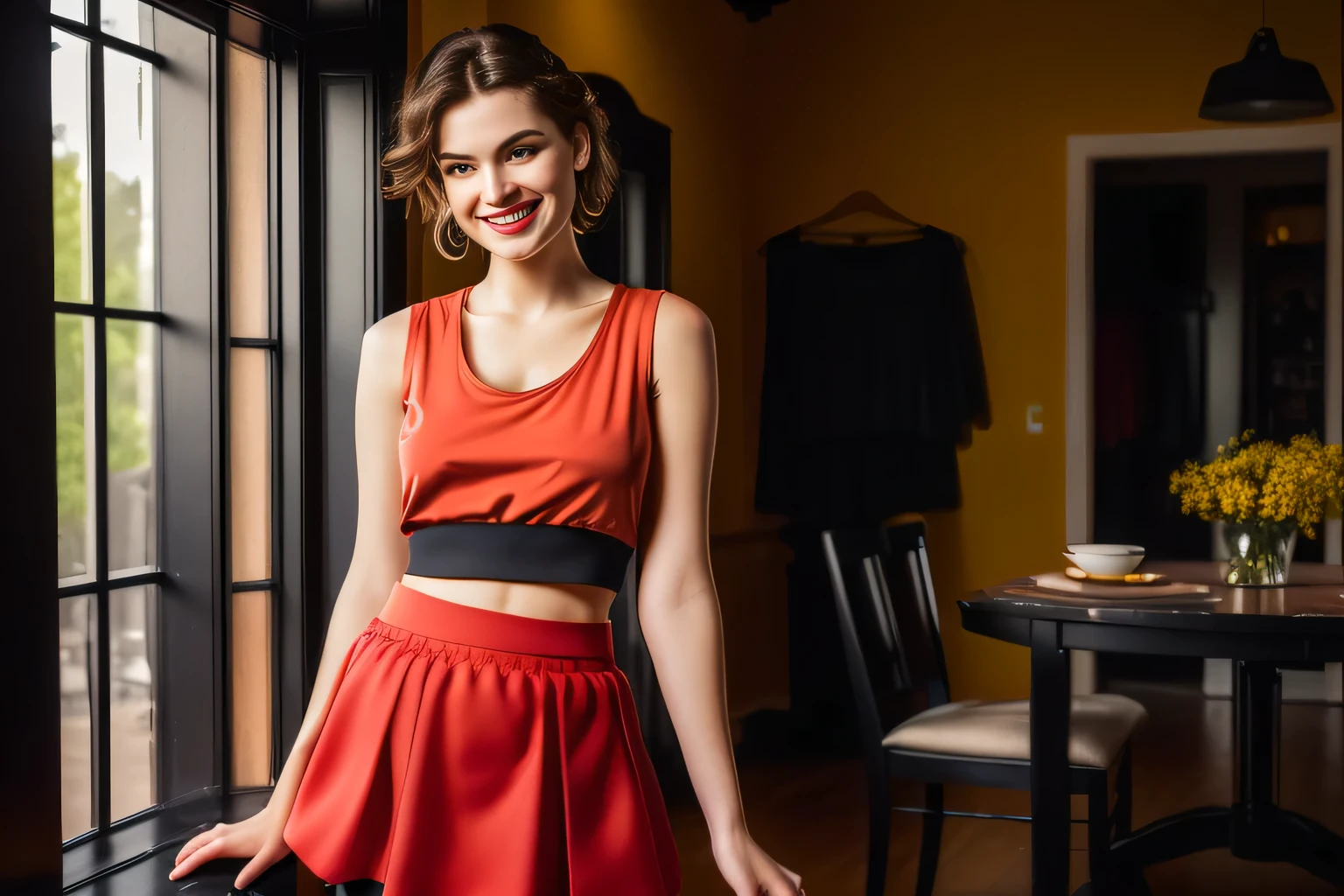 In the image, a light brunette woman is standing in a room with wooden floors and furniture, leaning on a chair. woman in a red tank top and black skirt standing next to a white dog, wearing shorts/skirt, wearing a tank top and shorts/skirt, photo from the middle of the waist up, wearing red shorts, attacking the camera :4, with a red skirt, wearing red tank top and black shorts/skirt, wearing skirt, dressed in top and shorts, wearing honey themed mini skirt, wearing tight and simple clothes, full body wide shot, full body shot, mini skirt. She has short hair and wears a vibrant red tank top ((((red tank top))) and a short black skirt ((((short black skirt)))). Standing and leaning on a chair. The room around her. It is bright, with wooden furniture and patterned carpet. The room appears to be a dining area, as indicated by the table and chairs in the background, smiling and charming, it seems to contain a world of wonder and her face is the definition of highly realistic beauty. , reddish skin, beautiful, slightly plump lips, red lipstick, smiling, feeling of lightness and joy, very elaborate skin, full body photo, clear photo, high quality, high resolution, masterpiece, high quality. quality), Ultra HD, high contrast, masterpiece 16K press: 1.3, high resolution, (photographically realistic) HD, high contrast, high resolution, (photographically realistic resolution, (photographically realistic)). 16K Masterpiece: 1.3, high resolution, (photographically realistic), NUDE, NUDITY, NFSW.