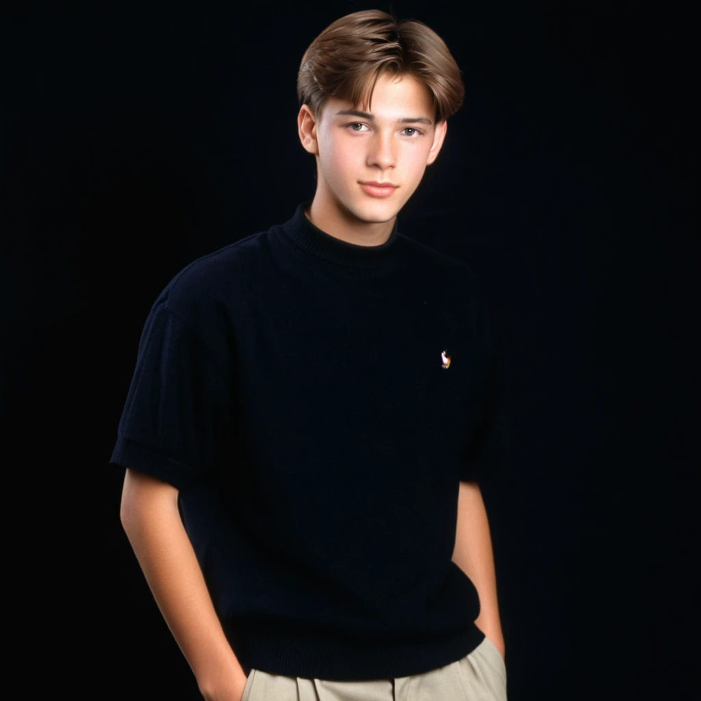 1996 style, preppy style clothing, twenty two year old boy, brown short hair, blank black background, 90s clothing, 1990s, studio portrait