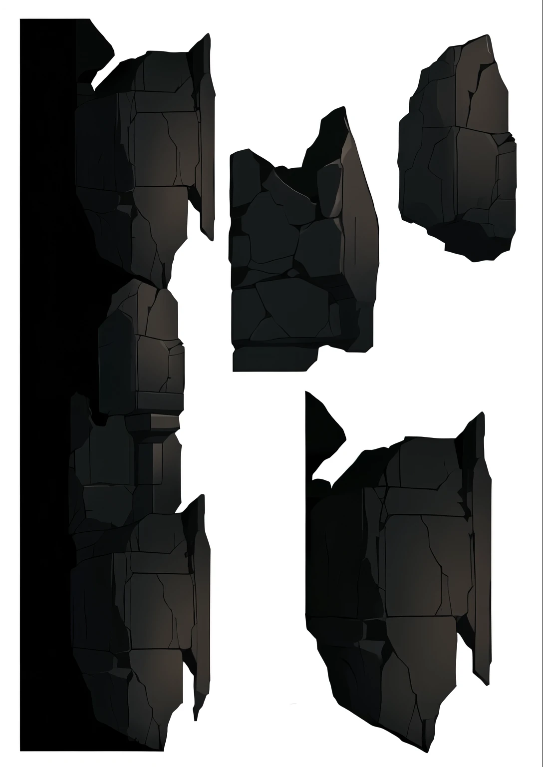 a close up of a set of four different angles of stone columns, black rock statue material, fundo da caverna, ativo do jogo, fundo da masmorra, seperated ativo do jogo, arte de fundo, parede da caverna, paredes e pilares de pedra escura, 2d ativo do jogo, ativo do jogos, 2 d ativo do jogos, blocos irregulares de pedra, Textura 2D, Textura 2D